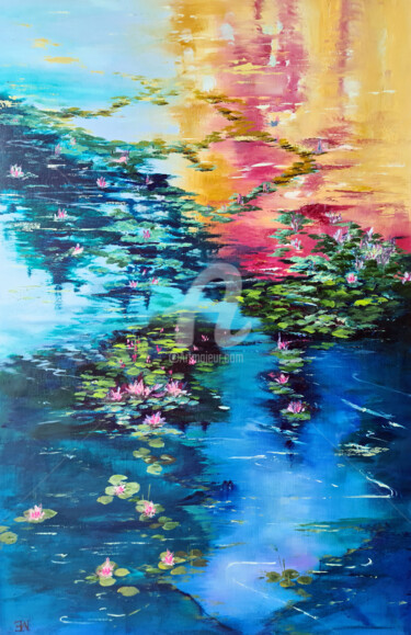 Painting titled "WILD WATER LILIES" by Elizabeth Williams, Original Artwork, Oil Mounted on Wood Stretcher frame