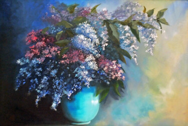 Painting titled "LILACS FROM ANDALUC…" by Elizabeth Williams, Original Artwork, Oil Mounted on Wood Stretcher frame