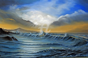 Painting titled "Sunrise on Chesil B…" by Elizabeth Williams, Original Artwork, Oil Mounted on Wood Stretcher frame