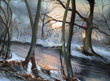 Peinture intitulée "A Winters' Sunset (…" par Elizabeth Williams, Œuvre d'art originale, Huile Monté sur Autre panneau rigide