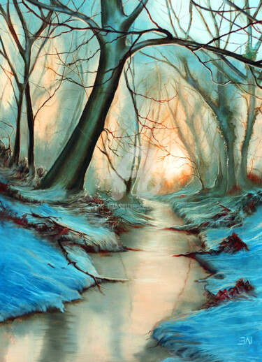 Painting titled "Woodland in Winter…" by Elizabeth Williams, Original Artwork, Oil Mounted on Wood Panel