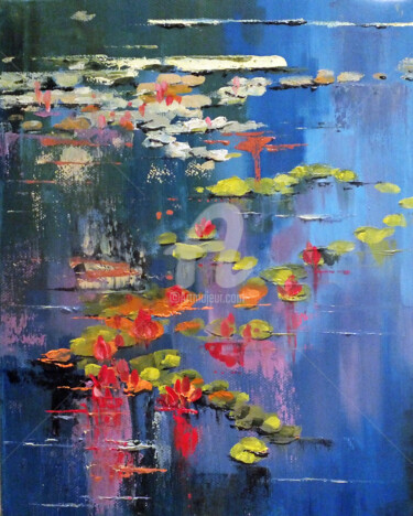 Painting titled "Water Lilies" by Elizabeth Williams, Original Artwork, Oil