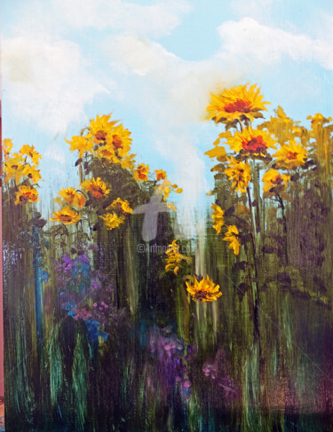 Painting titled "Sea of Sunflowers" by Elizabeth Williams, Original Artwork, Oil