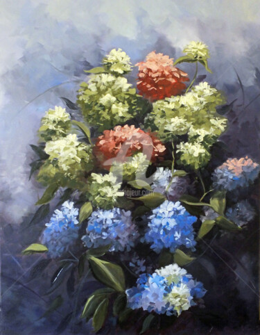 Ζωγραφική με τίτλο "Hydrangeas - Still…" από Elizabeth Williams, Αυθεντικά έργα τέχνης, Λάδι Τοποθετήθηκε στο Ξύλινο φορείο…