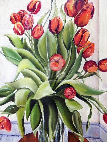 Pittura intitolato "Tulips on a Stool" da Elizabeth Williams, Opera d'arte originale, Olio