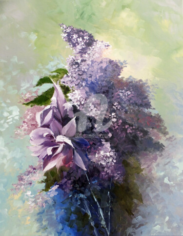 Painting titled "Iris and Lilacs - s…" by Elizabeth Williams, Original Artwork, Oil