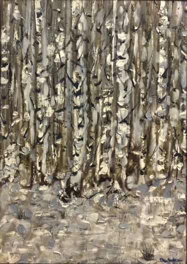 Painting titled "Birch forest" by Eliza Matica, Original Artwork, Oil