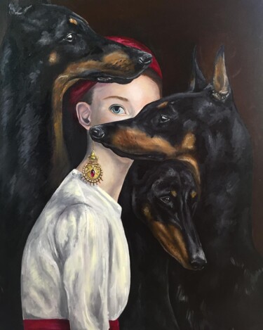 Картина под названием "Девушка среди собак" - Елизавета Малютина, Подлинное произведение искусства, Масло