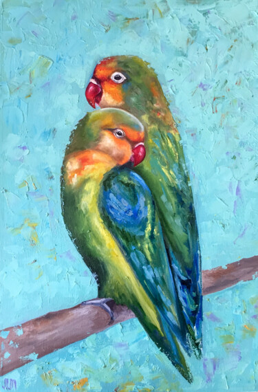 Картина под названием "Попугаи" - Елизавета Малютина, Подлинное произведение искусства, Масло Установлен на Деревянная панель