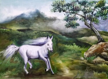 Peinture intitulée "Cheval blanc dans l…" par Elizaveta Pastushchak, Œuvre d'art originale, Huile