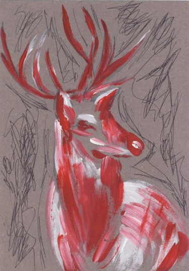 Red abstract deer Peinture intitulée "Red abstract deer" par Elizaveta Pastushchak, Œuvre d'art originale, Acrylique