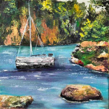 Сontemporain landscape - yacht on the island Malerei mit dem Titel "Сontemporain landsc…" von Elizaveta Pastushchak, Original-Kunstwerk, Öl