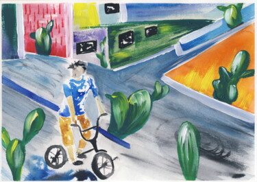 Pintura intitulada "Cycliste dans la vi…" por Elizaveta Pastushchak, Obras de arte originais, Aquarela