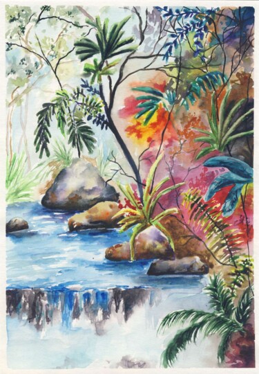 Painting titled "Quiet place - Water…" by Elizaveta Pastushchak, Original Artwork, Watercolor