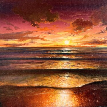 Painting titled "Magnificent red sun…" by Elizaveta Pugacheva, Original Artwork, Oil Mounted on Wood Stretcher frame