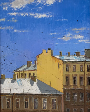 Painting titled "Картина маслом крыш…" by Elizaveta Pugacheva, Original Artwork, Oil Mounted on Wood Stretcher frame