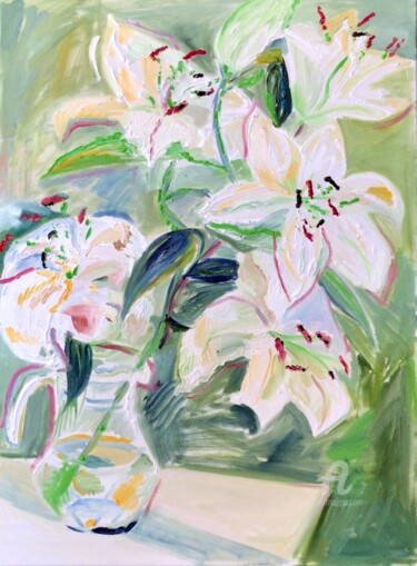 Peinture intitulée "Sunset smile. Lilies" par Elizaveta Selezneva, Œuvre d'art originale, Huile Monté sur Panneau de bois