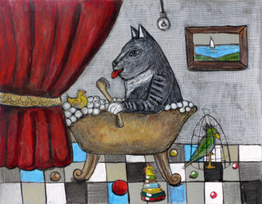 Pintura intitulada "CAT IN THE BATHROOM" por Elizaveta Vlasova, Obras de arte originais, Acrílico