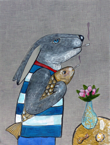 Pittura intitolato "Smoking rabbit" da Elizaveta Vlasova, Opera d'arte originale, Acrilico