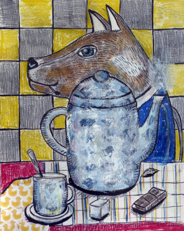 Painting titled "Fox with a teapot" by Elizaveta Vlasova, Original Artwork, Acrylic