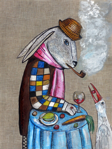 Pintura intitulada "A smoking Rabbit an…" por Elizaveta Vlasova, Obras de arte originais, Acrílico