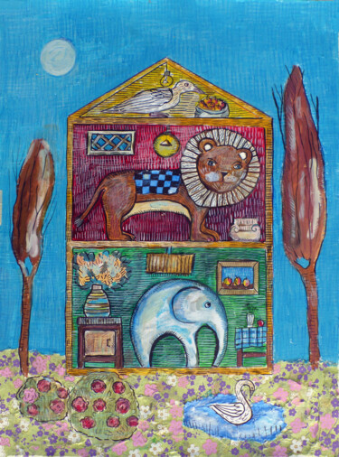 Malerei mit dem Titel "Cute animals house" von Elizaveta Vlasova, Original-Kunstwerk, Acryl