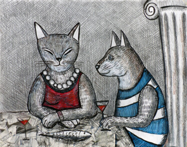 Painting titled "Cat's dinner" by Elizaveta Vlasova, Original Artwork, Acrylic