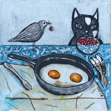 Pittura intitolato "Cat's breakfast" da Elizaveta Vlasova, Opera d'arte originale, Acrilico