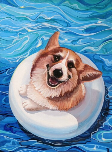 Painting titled "Corgi in Summer, N2" by Elizaveta Zakharova, Original Artwork, Acrylic Mounted on Cardboard