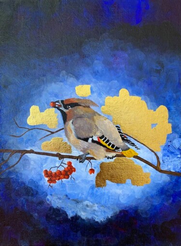 Картина под названием "Свиристель птица" - Elizova Anastasia, Подлинное произведение искусства, Акрил Установлен на Деревянн…