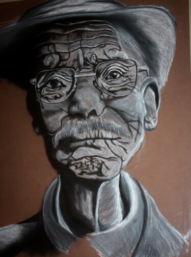 Drawing titled "Old Man with Glasses" by Elke Matthaeus, Original Artwork, Chalk
