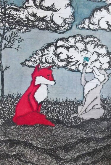 Dessin intitulée "A Tale of Two Foxes" par Elke Matthaeus, Œuvre d'art originale, Stylo à bille