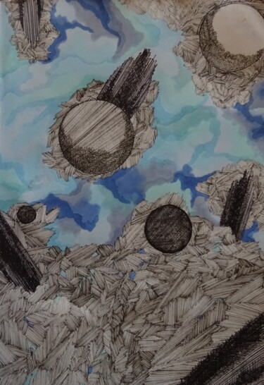 Peinture intitulée "Planets" par Elke Matthaeus, Œuvre d'art originale, Encre