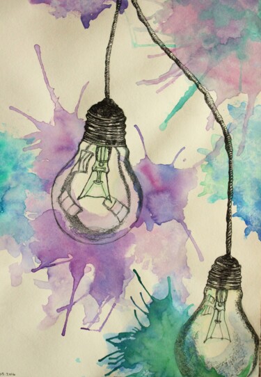 Peinture intitulée "Lightbulbs" par Elke Matthaeus, Œuvre d'art originale, Encre