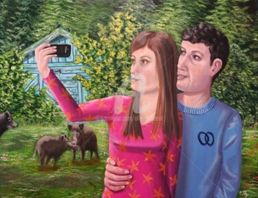 Painting titled "Selfie" by Elke Thiébaut, Original Artwork, Oil Mounted on Wood Stretcher frame