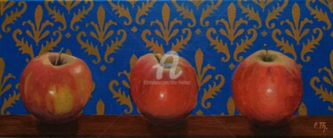 Painting titled "Trois Pommes (2)" by Elke Thiébaut, Original Artwork, Oil Mounted on Wood Stretcher frame