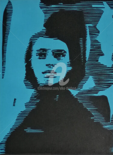 Gravures & estampes intitulée "Femme en bleu" par Elke Thiébaut, Œuvre d'art originale, Linogravures