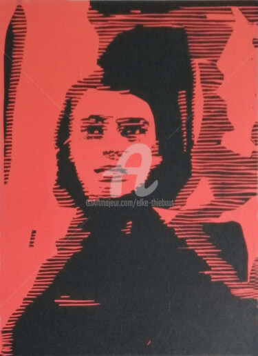 Printmaking titled "Femme en rouge" by Elke Thiébaut, Original Artwork, Linocuts