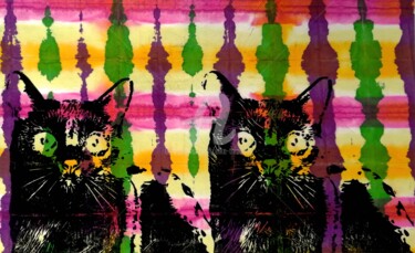 Printmaking titled "Cats (Chats)" by Elke Thiébaut, Original Artwork, Linocuts