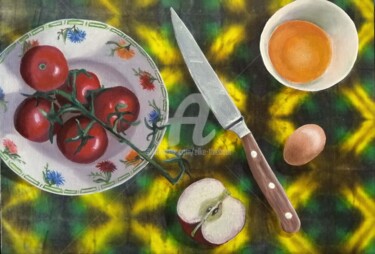 Schilderij getiteld "Tomates fraiches" door Elke Thiébaut, Origineel Kunstwerk, Olie