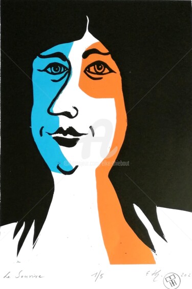 印花与版画 标题为“Le Sourire” 由Elke Thiébaut, 原创艺术品, Linocuts