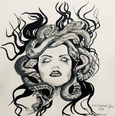 Pittura intitolato "Medusa Acryl Tusche" da Ella Kleedorfer-Egger, Opera d'arte originale, Carbone
