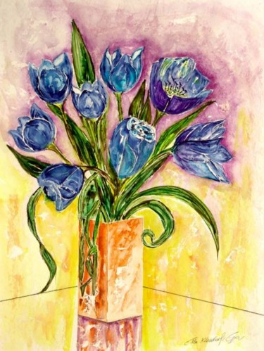 Malerei mit dem Titel "Blauer Tulpenstrauß" von Ella Kleedorfer-Egger, Original-Kunstwerk