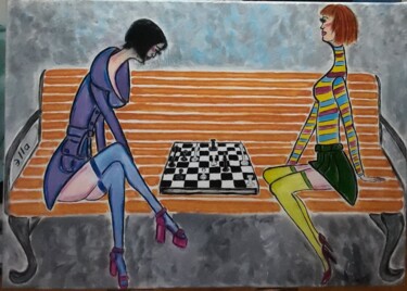 Painting titled "Girls playing chess" by Ella Manhattan, Original Artwork, Acrylic