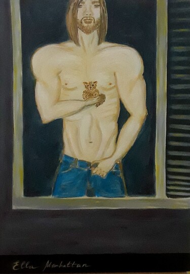 Painting titled "A guy with a kitten…" by Ella Manhattan, Original Artwork, Acrylic