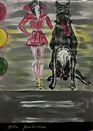 Malerei mit dem Titel "A Girl and a Big Dog" von Ella Manhattan, Original-Kunstwerk, Acryl