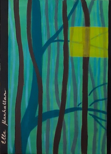 Painting titled "Green foggy forest" by Ella Manhattan, Original Artwork, Acrylic