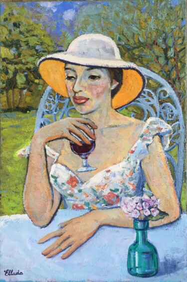Painting titled "Lone with wine" by Ellada Ismayil, Original Artwork, Oil Mounted on Wood Stretcher frame
