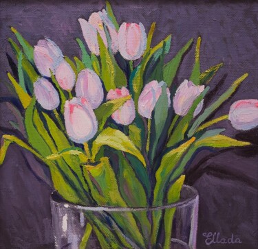 Painting titled "Pink Tulips" by Ellada Ismayil, Original Artwork, Oil Mounted on Wood Stretcher frame