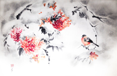 Картина под названием "Bullfinch on branch…" - Ellada Saridi, Подлинное произведение искусства, Чернила